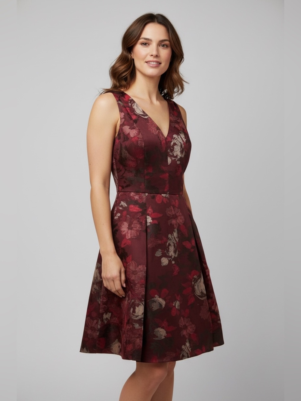 WHBM Jacquard Dark Florals Port Print Fit and Flare Sleeveless Formal Dress, 8